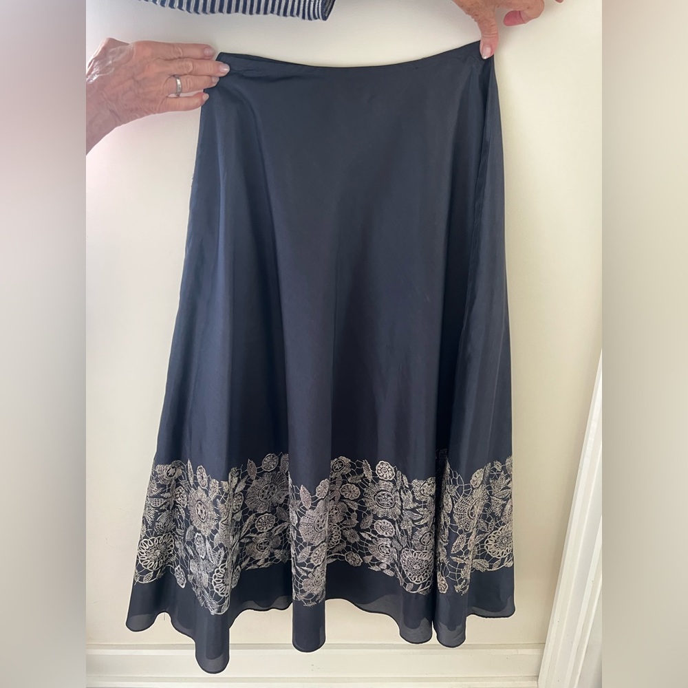 Navy Blue Midi Lined Skirt with silver thread embroidery